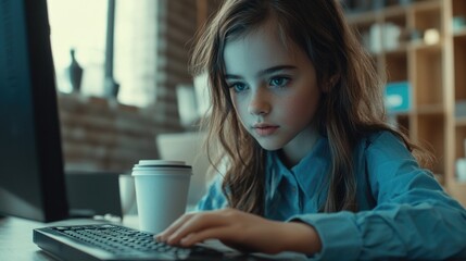 Aufkleber - Young girl typing away on her computer keyboard in a quiet moment