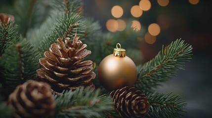 Poster - A detailed view of a Christmas tree decorated with pine cones, suitable for winter and holiday-themed designs