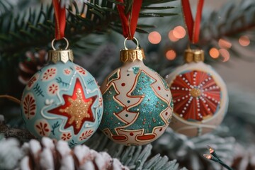 Poster - Close-up of three ornaments on a Christmas tree
