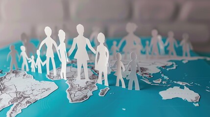 Poster - Group of paper cutouts standing on a world map, representing people from different countries and cultures
