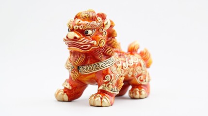 Chinese lion dance figurine in vibrant red and gold, isolated on white.