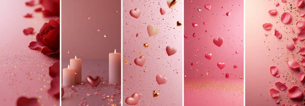 Set of vertical Valentine's Day backgrounds with copy space. Romantic banners with hearts, roses, petals, sparkles. Gradient photo footage for social media, stories, vertical greeting card template