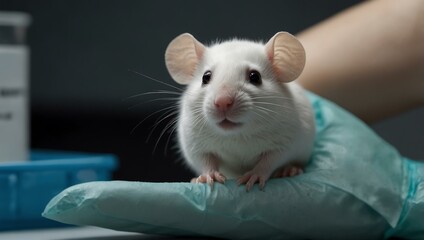 Wall Mural - White mouse in a gloved hand, laboratory setting.