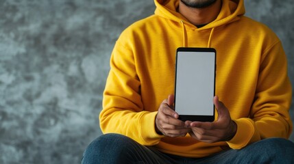 Aufkleber - A person wearing a bright yellow hoodie holds a smartphone, ready to take a call or check notifications
