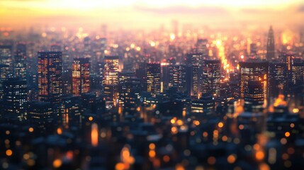 Poster - Urban landscape with towering buildings and bright lights, perfect for use in presentations or advertisements