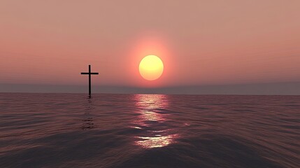 Wall Mural - cross silhouette on the horizon as the sun rises over a calm ocean.