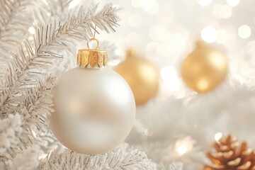 Poster - A white Christmas ornament hangs from a decorated Christmas tree