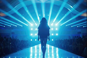 Poster - A woman walks down the catwalk during a fashion show, showcasing her outfit and confidence