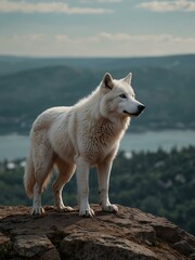 Wall Mural - White wolf on a cliff, staring into the distance.