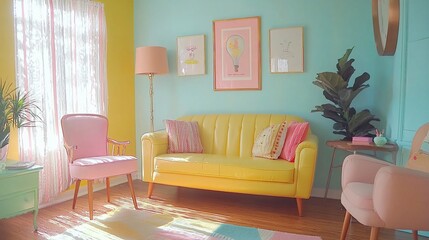 Poster - Sunny pastel living room with yellow sofa, pink chairs, and plants.