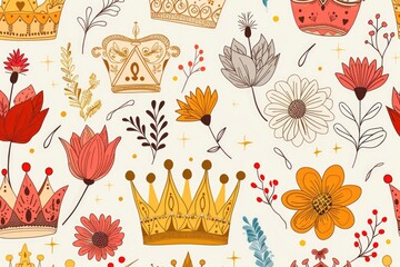 Poster - Pattern featuring crowns and flowers on a white background, great for design or decoration