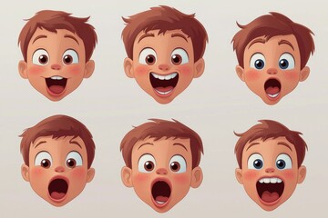 Poster - Cartoon faces of a boy showing different emotions and expressions, ideal for illustrations, animations, or character design