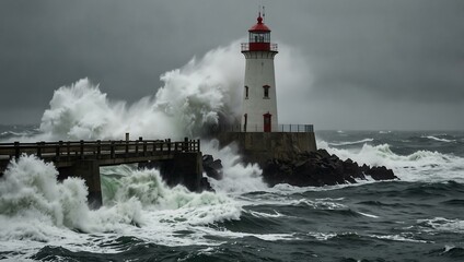 Wall Mural - Whitewater crashing against a lighthouse on a foggy day.