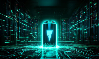 Poster - Digital battery glowing in a futuristic data center with neon circuits and technology elements