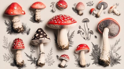 Poster - Group of mushrooms sitting on top of a white surface, great for backgrounds or decoration