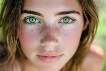 Poster - Close-up portrait of a woman with freckled skin, suitable for beauty and lifestyle uses
