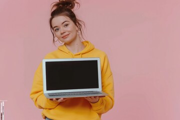Poster - a woman sits with her laptop, dressed in a bright yellow hoodie and possibly deep in thought or work