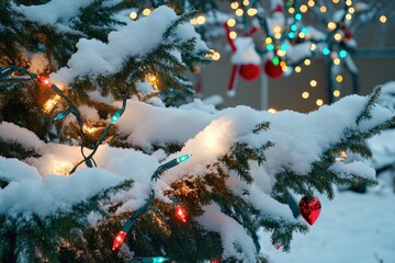 Poster - A Christmas tree decorated with lights and covered in snow, perfect for winter holiday scenes