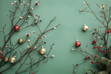 Poster - A decorative green wall with ornaments and branches