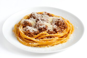 Poster - A simple yet satisfying meal - spaghetti with meat sauce on a clean white plate