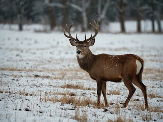 Wall Mural - Wild deer in a snowy field during winter.