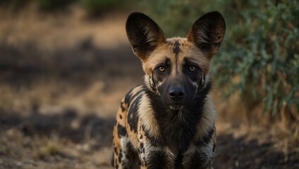 Wall Mural - Wild dog staring at the camera (Lycaon pictus).