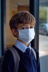 Poster - A young boy standing in front of a window, wearing a face mask