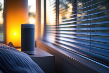 Poster - Smart speaker sitting on a table next to a window, perfect for home office or living room decor