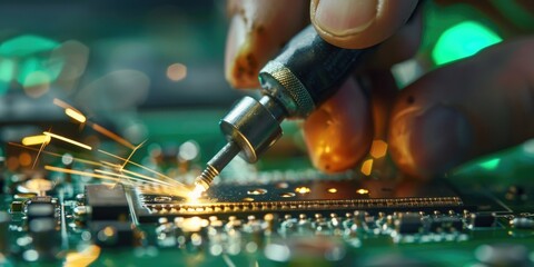 Poster - A detailed view of an electronics engineer assembling or repairing electronic components on a printed circuit board