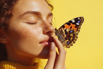 Poster - A close-up of a woman's face featuring freckles and a butterfly-shaped tattoo on her nose