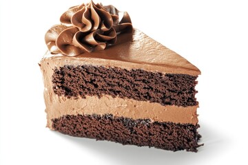 Poster - A slice of rich chocolate cake on a clean white surface
