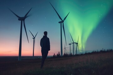 Poster - A person stands in a green field with wind turbines visible in the distance