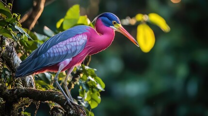 Poster - A vibrant bird perched on a tree branch, surrounded by lush greenery