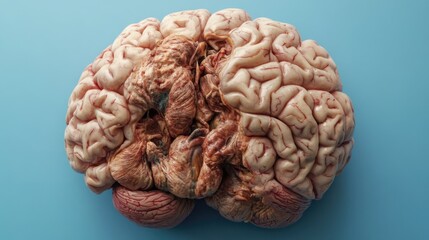Aufkleber - Close-up image of a 3D model of a human brain placed on a bright blue surface