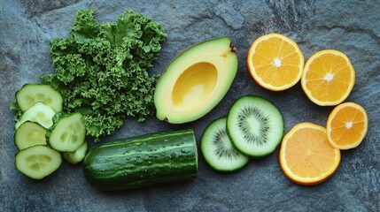 Poster - Assortment of fruits and vegetables arranged on a table