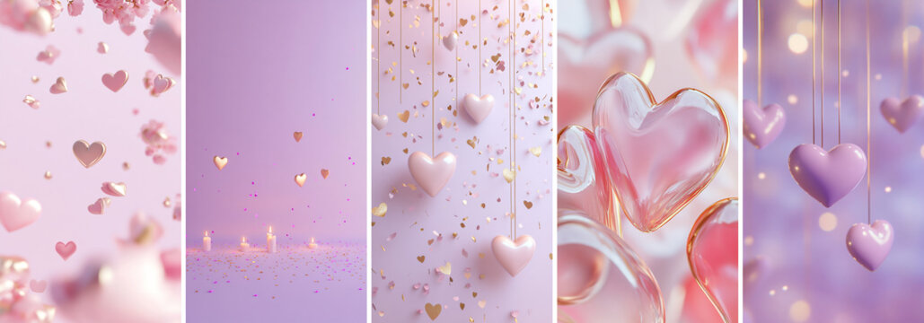 Set of vertical Valentine's Day backgrounds with copy space. Romantic banners with hearts, roses, petals, sparkles. Gradient photo footage for social media, stories, vertical greeting card template