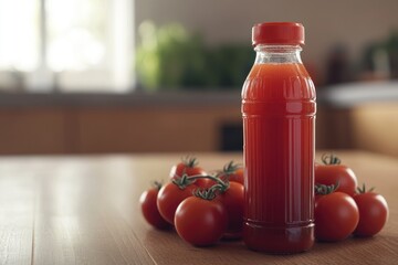 Poster - A bottle of tomato juice sitting on a table, ready for use