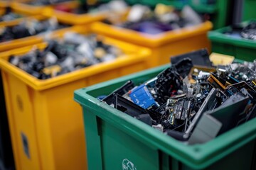 Fototapete - Electronic waste in recycling bin, various gadgets and devices inside