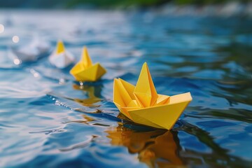 Poster - A collection of handmade paper boats drifting on the surface of a calm lake or river