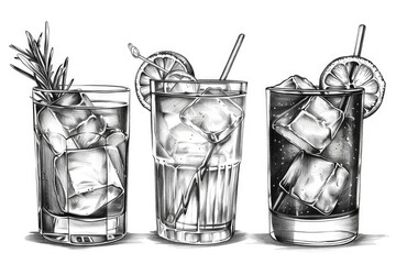Poster - Freshly prepared cocktail glasses with ice, lemon slices, and rosemary sprigs
