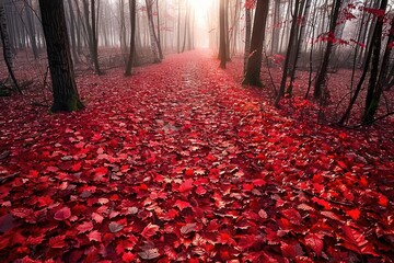 Aufkleber - A dense forest covered in vibrant red leaves