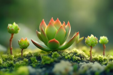 Poster - A close-up view of a plant growing on a moss-covered ground, suitable for botanical or environmental themed images
