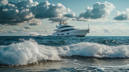 Poster - A large white boat floats on the surface of a calm body of water, offering a serene and peaceful atmosphere