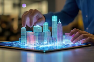 Poster - A person is touching a tablet that has a city on it