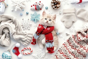 Wall Mural - A curious white cat posing amidst festive Christmas decor, featuring bright lights and ornaments