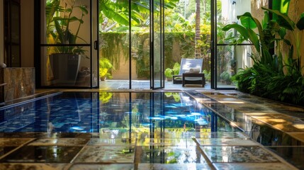 Poster - Swimmers in action, surrounded by natural light and glass doors