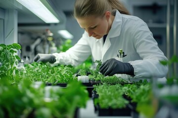 Aufkleber - A woman in a lab coat works on plants, possibly conducting research or experimentation