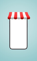 Poster - Smartphone with an isolated screen under a red-and-white shop canopy, representing the concept of online shopping, e-commerce, or digital storefronts