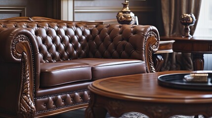 Poster - A brown leather couch sits next to a wooden table, great for living room or office use