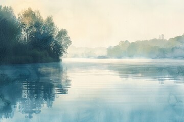 Poster - A serene lake surrounded by trees on a foggy day, perfect for use in outdoor or nature-themed projects